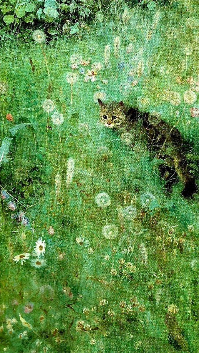 【無料壁紙】ブルーノ・リリエフォッシュ「夏の草地の猫」 / Bruno Liljefors_Cat in the Summer Meadow
