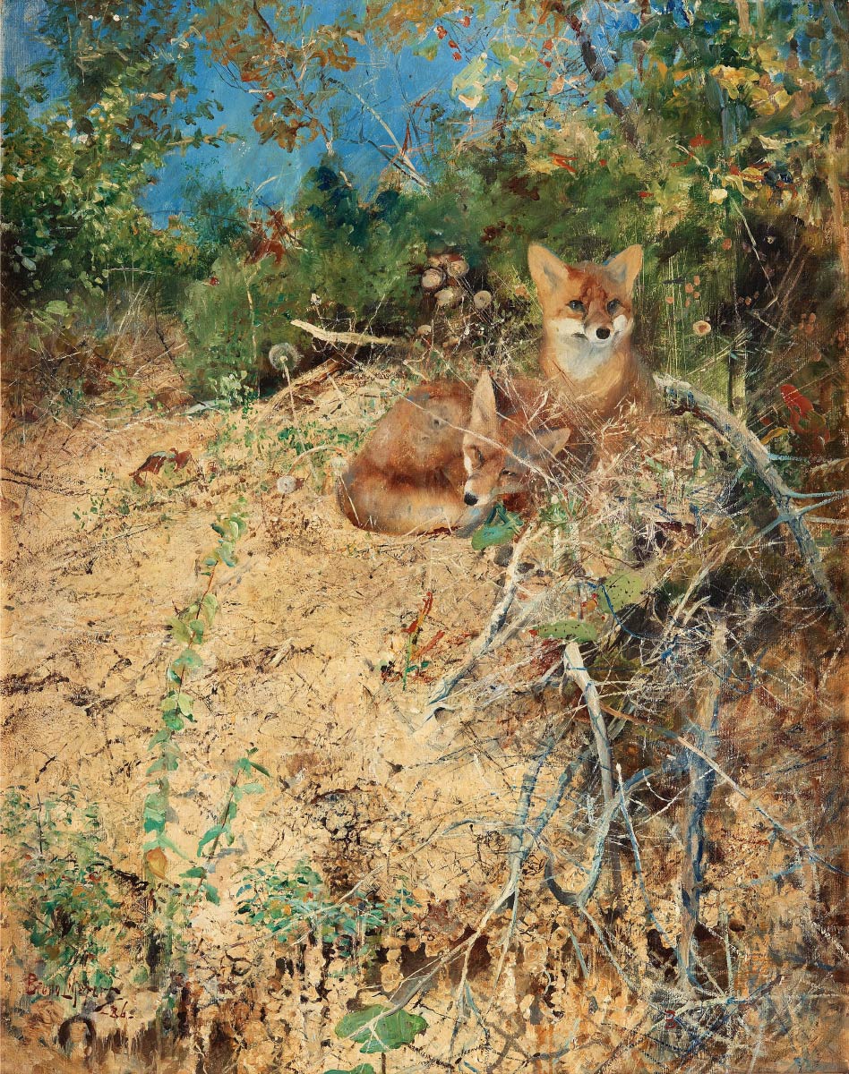 【無料壁紙】ブルーノ・リリエフォッシュ「キツネたち (1886)」 / Bruno Liljefors_Foxes(1886)