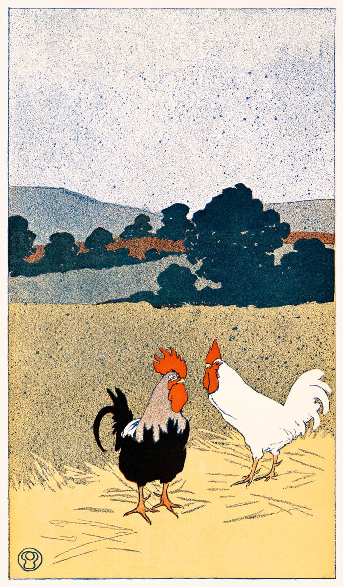 【無料壁紙】エドワード・ペンフィールド「野原の2羽の雄鶏 (1898)」 / Edward Penfield_Two roosters in a field (1898)