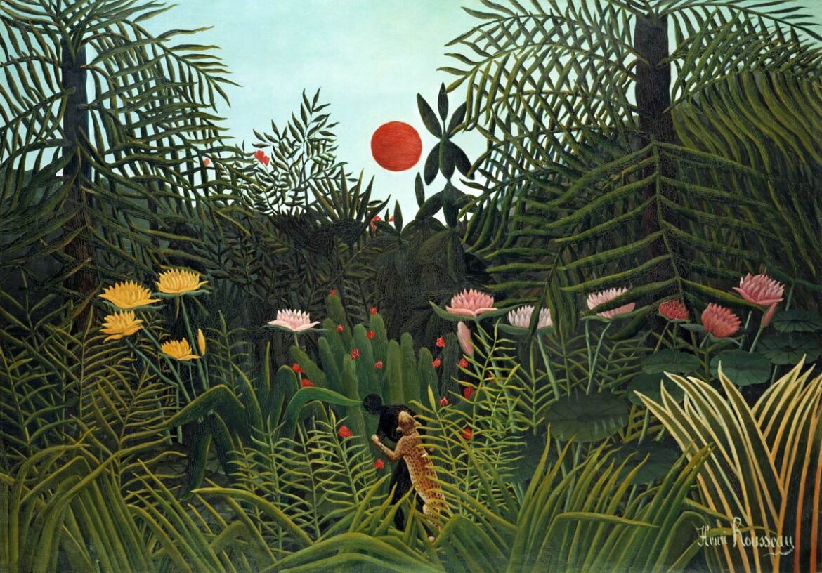 【無料壁紙】アンリ・ルソー「大豹に襲われる黒人 (1910)」 / Henri Rousseau_Virgin Forest with Sunset (1910)