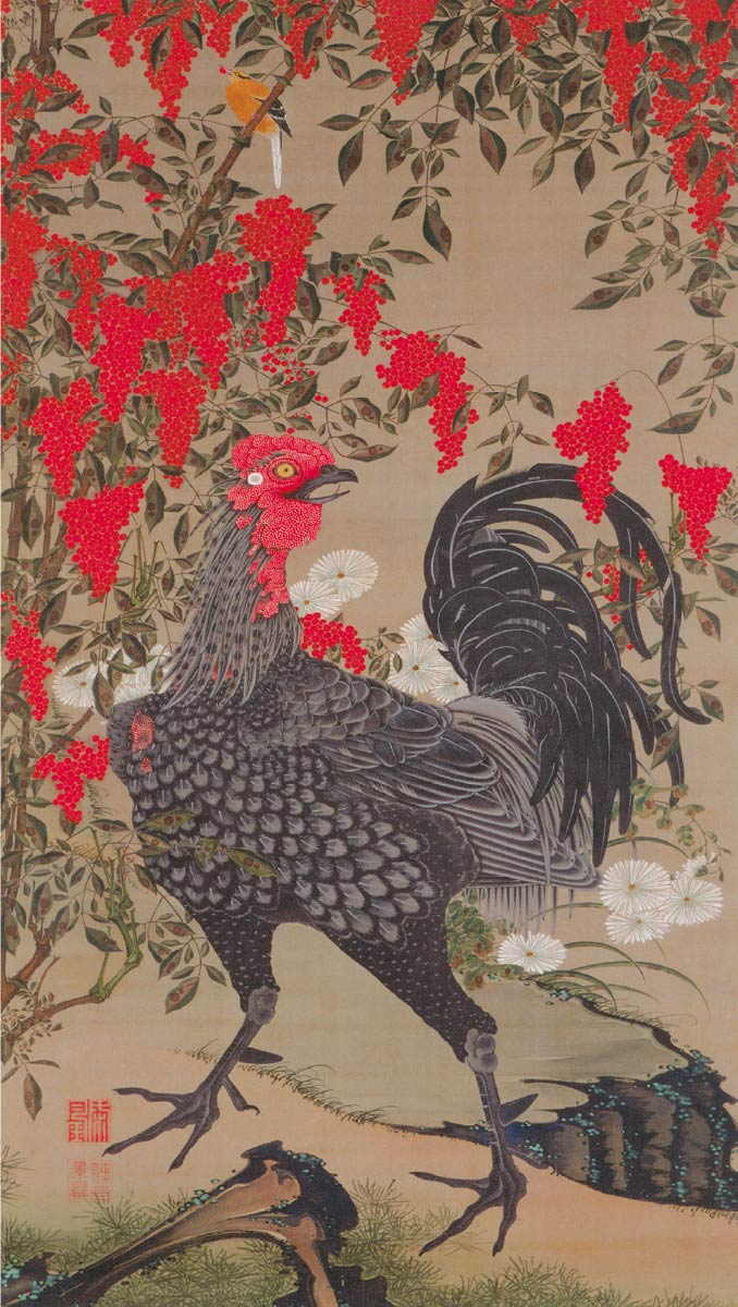 【無料壁紙】伊藤 若冲「南天雄鶏図 (1765)」 / Ito Jakuchu_Nanten Yukei-zu (Nandina and Rooster) (1765)