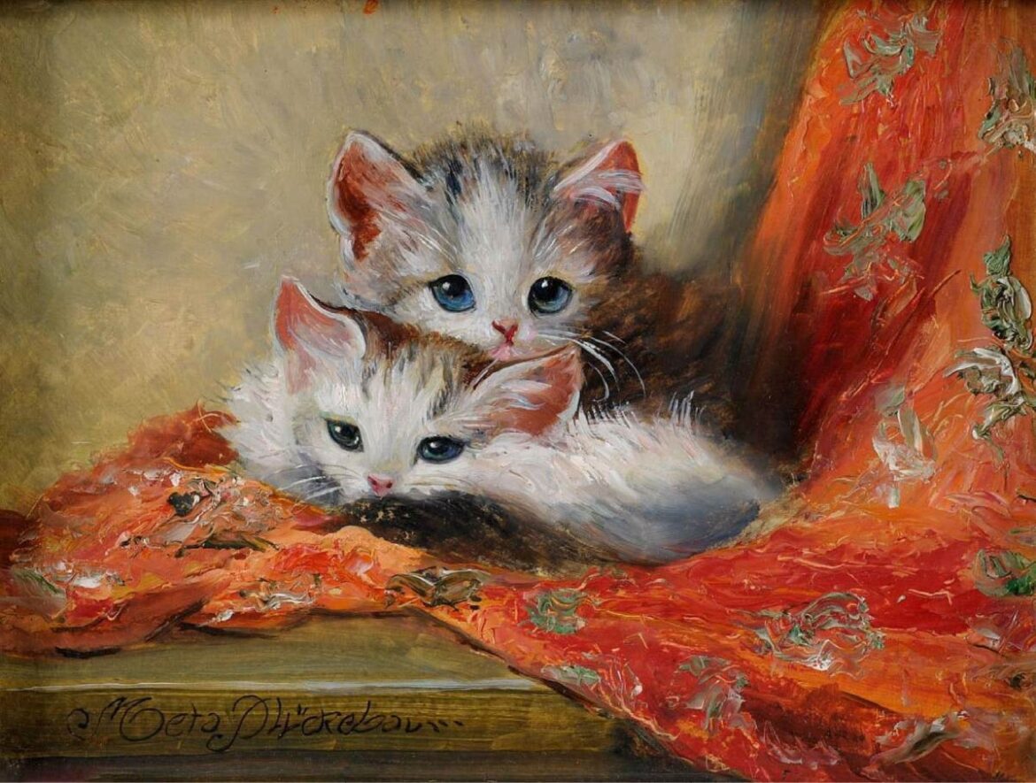 【無料壁紙】メタ・プラッケバウム_赤いカーテンに乗る2匹の子猫 / Meta Pluckebaum_Two kittens on a red drape