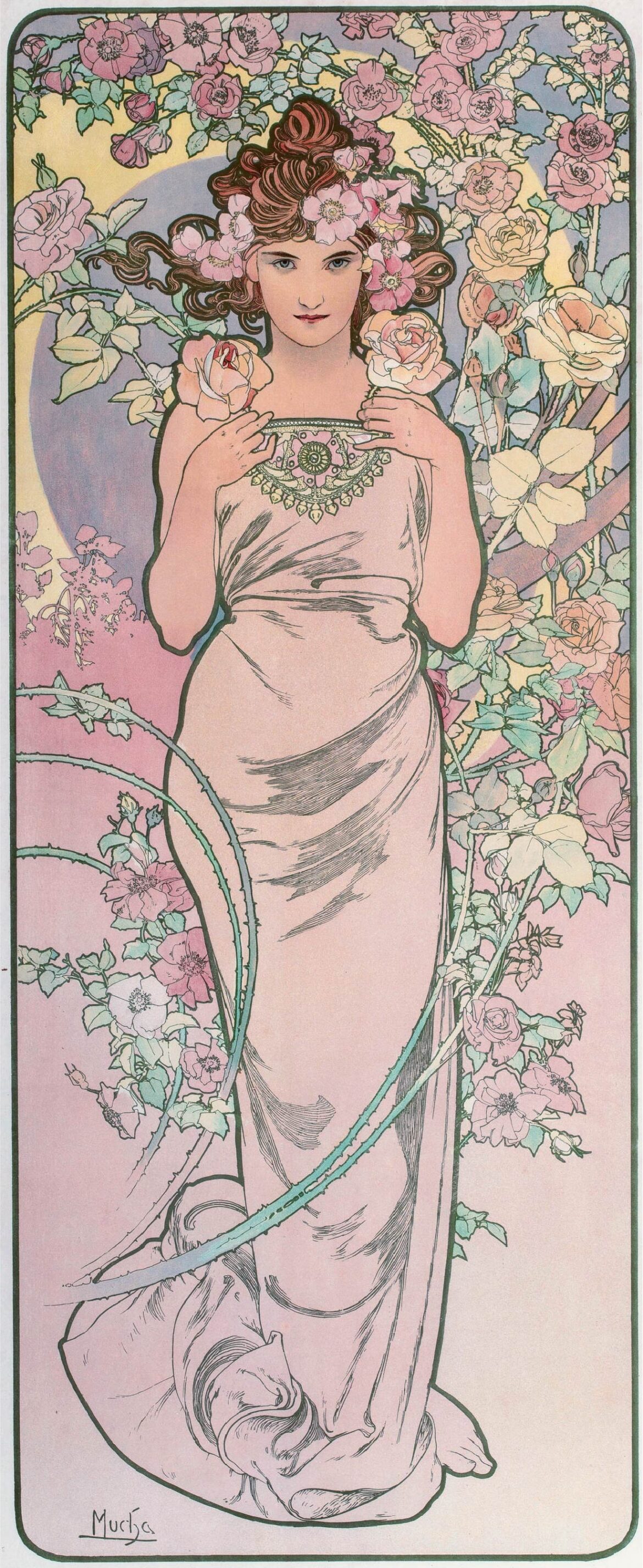【無料壁紙】アルフォンス・ミュシャ「四つの花-バラ (1898)」 / Alphonse Mucha_Les Fleurs-The Rose (1898)