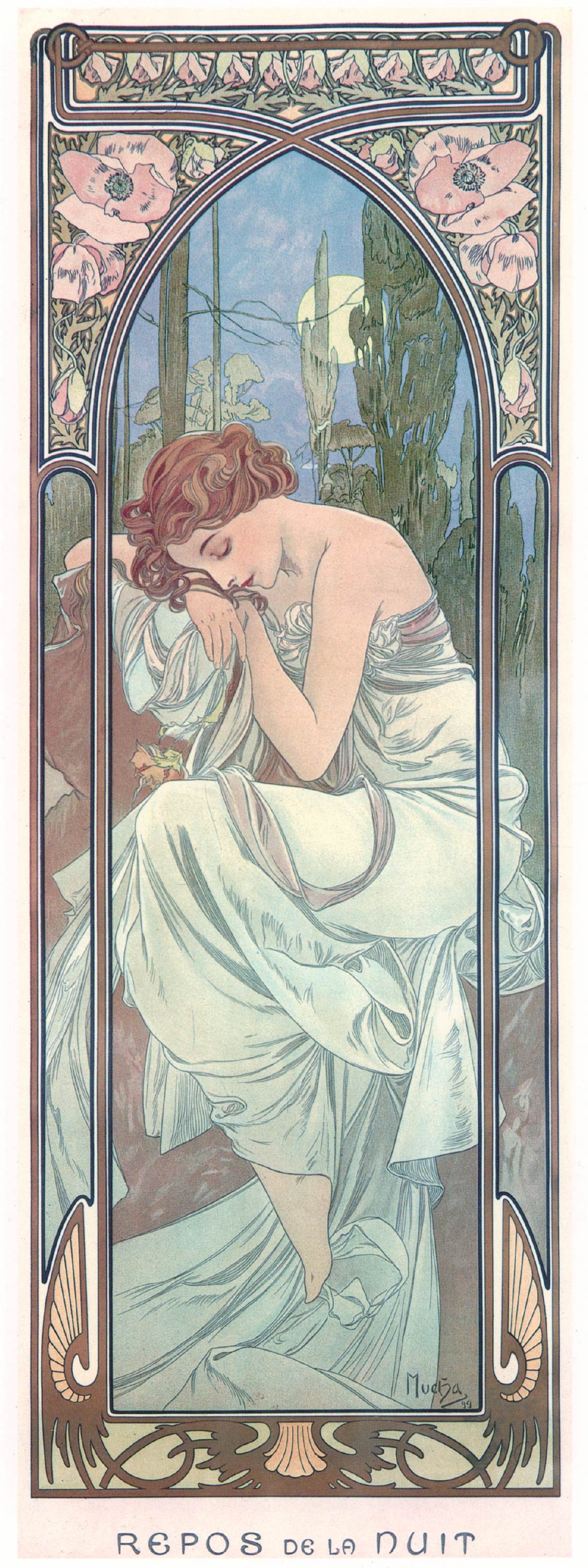 【無料壁紙】アルフォンス・ミュシャ「四つの時の流れ-夜の安らぎ (1899)」 / Alphonse Mucha_The Times of the Day-Night’s Rest  (1899)