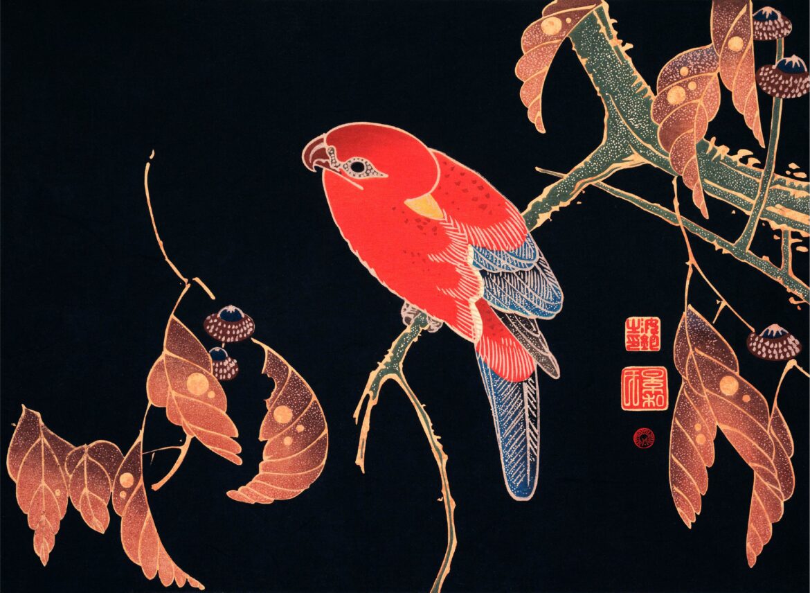 【無料壁紙】伊藤 若冲「花鳥版画図-櫟に鸚哥図 (1771)」 / Ito Jakuchu_Kacho Hanga-Kunugi ni Inko-zu (Flowers and Birds;Parrot and Oak) (1771)