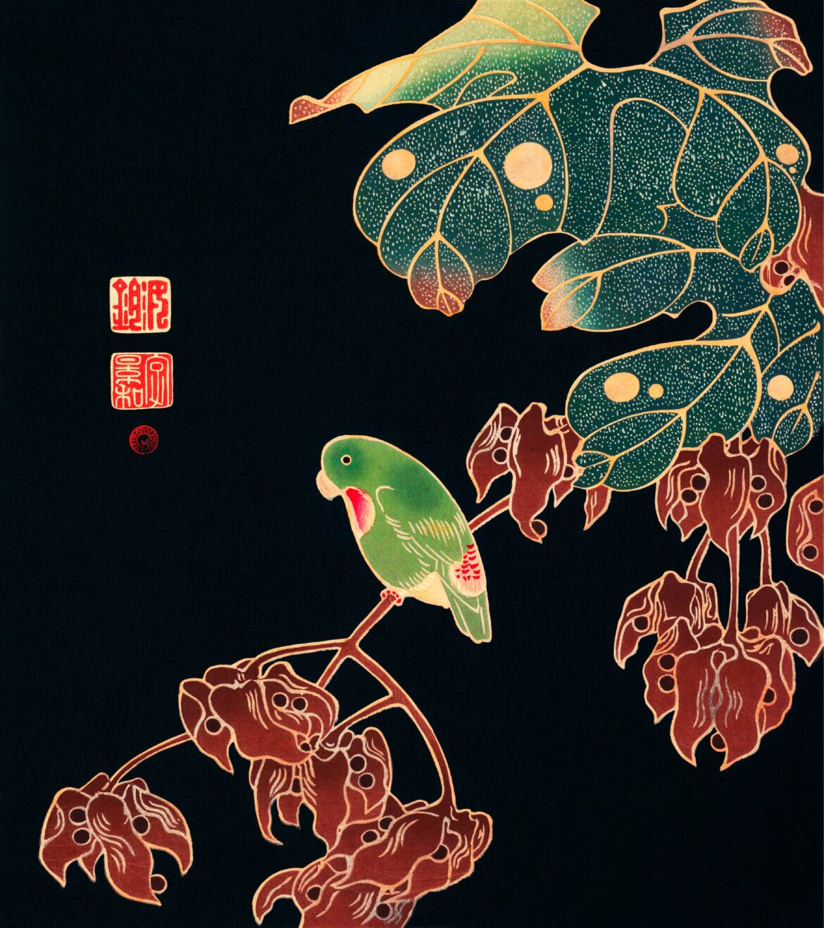 【無料壁紙】伊藤 若冲「インコ (ca.1900)」 / Ito Jakuchu_The Paroquet (ca. 1900)