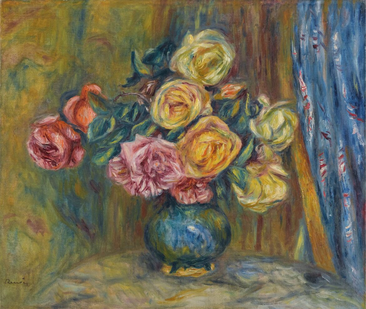【無料壁紙】ピエール＝オーギュスト・ルノワール「青いカーテンと薔薇 (1912)」 / Pierre Auguste Renoir_Les Roses Au Rideau Bleu (1912)