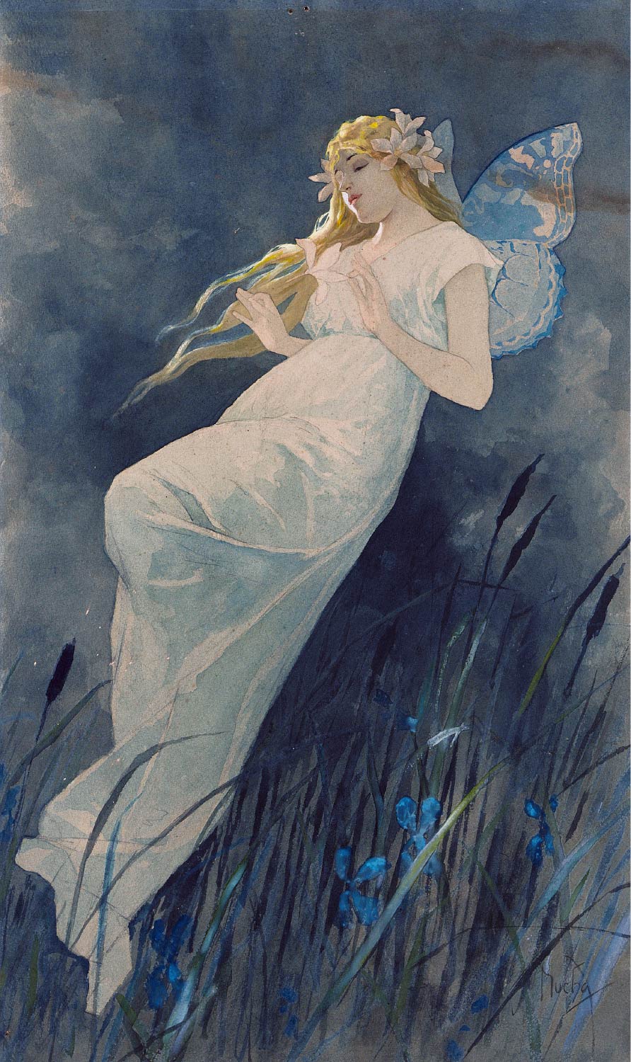 【無料壁紙】アルフォンス・ミュシャ「妖精とアイリスの花 (ca. 1885-1890)」 / Alphonse Maria Mucha_Elfe mit Irisblüten (ca. 1885-1890)