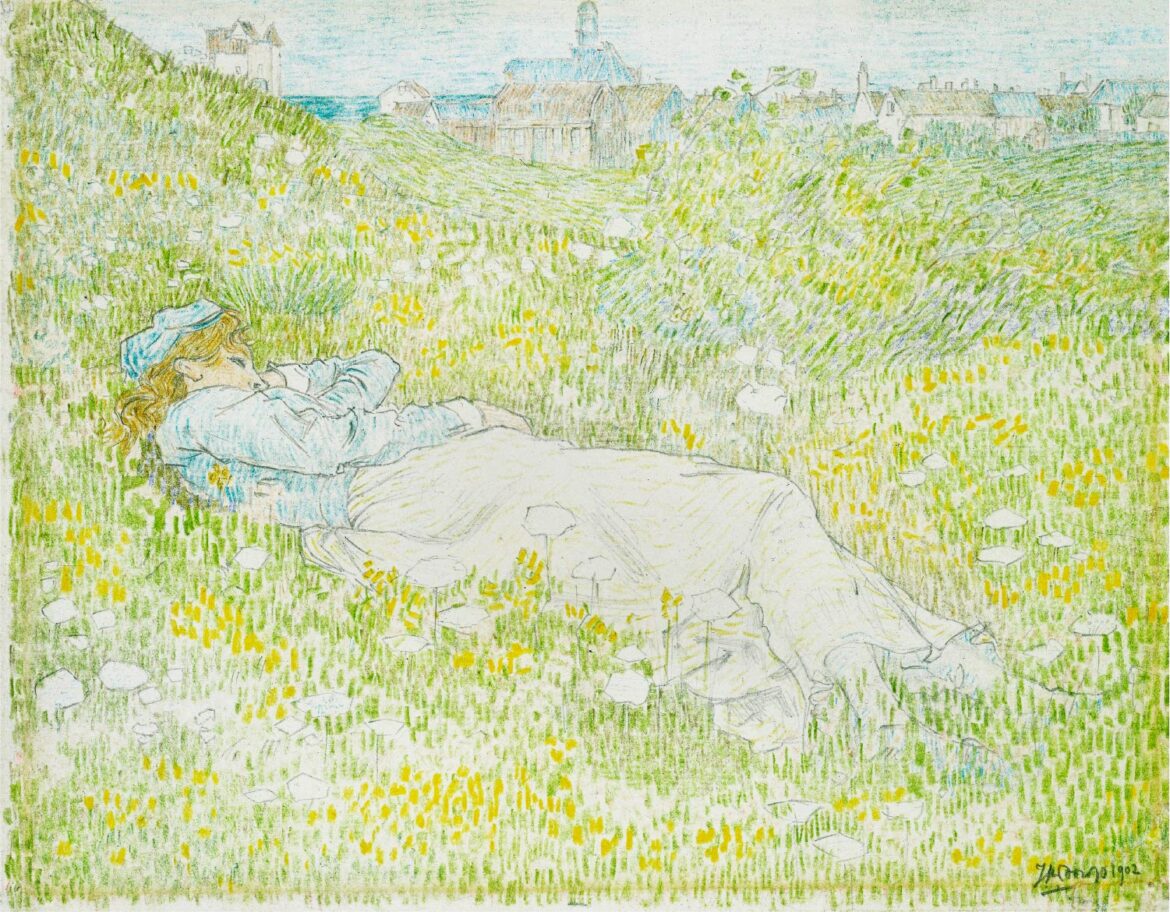 【無料壁紙】ヤン・トーロップ「ノールドヴァイク近郊の砂丘に横たわる女 (1902)」 / Jan Toorop_Woman Lying in the Dunes near Noordwijk (1902)