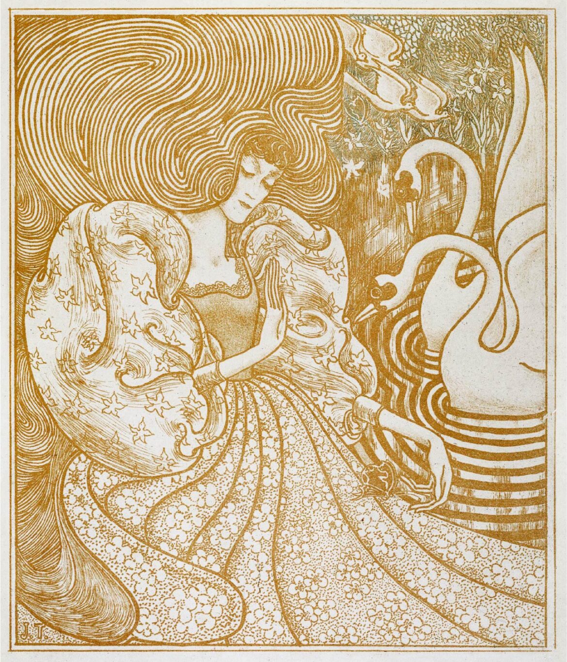 【無料壁紙】ヤン・トーロップ「白鳥のいる池で蝶を待つ女 (1894)」 / Jan Toorop_Woman with a Butterfly at a Pond with Two Swans (1894)