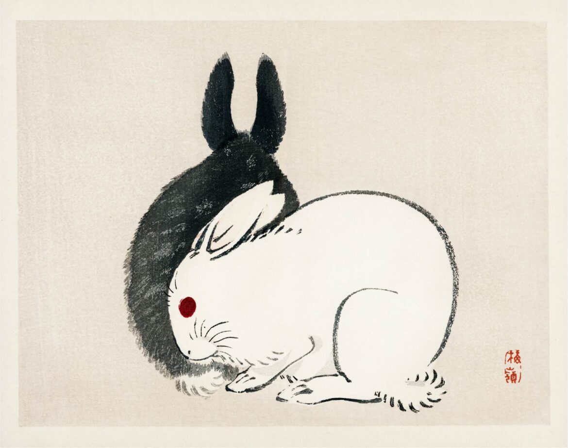 【無料壁紙】幸野 楳嶺「白兎と黒兎」 / Kōno Bairei_Black and white rabbits