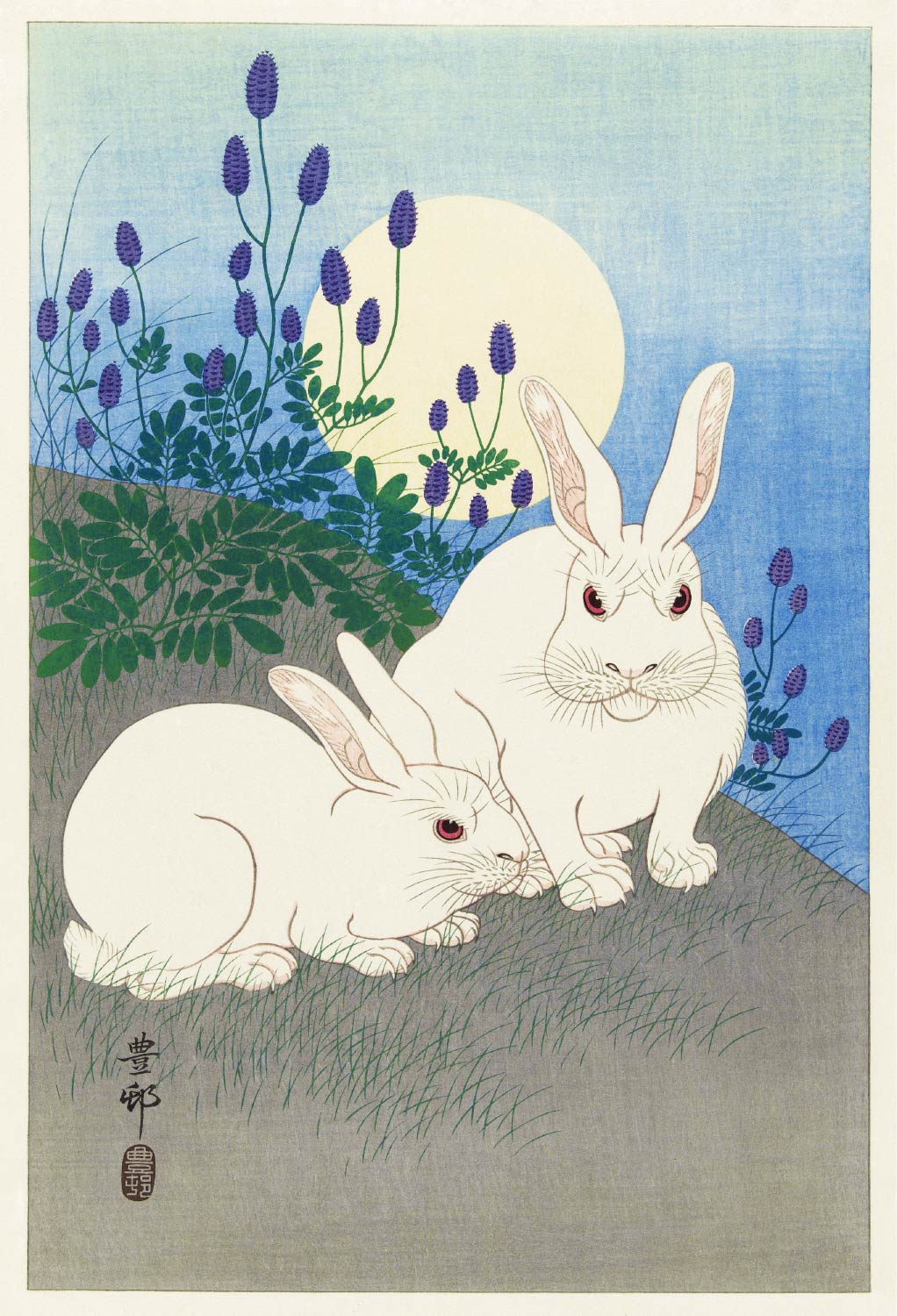 【無料壁紙】小原 古邨「満月のうさぎ (1920-1930)」 / Ohara Koson_Rabbits at full moon (1920-1930)