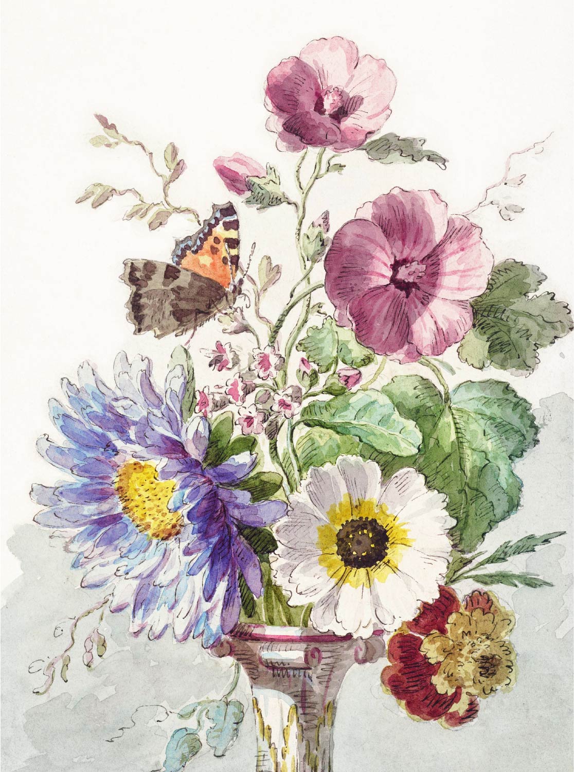 【無料壁紙】ウィレム・ファン・リーン「蝶のいる花束 (1763-1825)」 / Willem van Leen_Bouquet of Flowers with a Butterfly (1763-1825)
