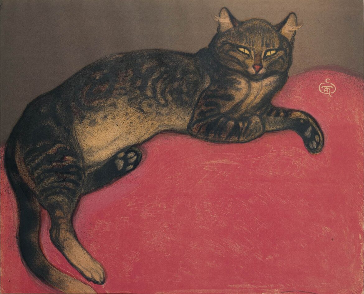 【無料壁紙】アレクサンドル・スタンラン「冬、座布団の上の猫 (1909)」 / Alexandre Steinlen_L’Hiver, chat sur un coussin (1909)