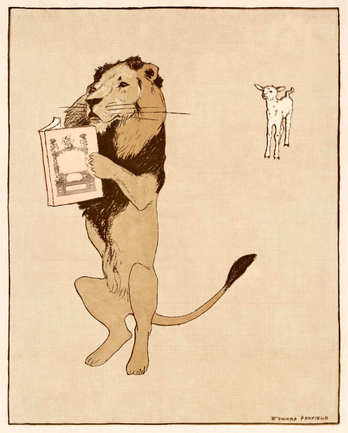 【無料壁紙】エドワード・ペンフィールド「ライオンと本 (1894)」 / Edward Penfield_Lion and a book (1894)