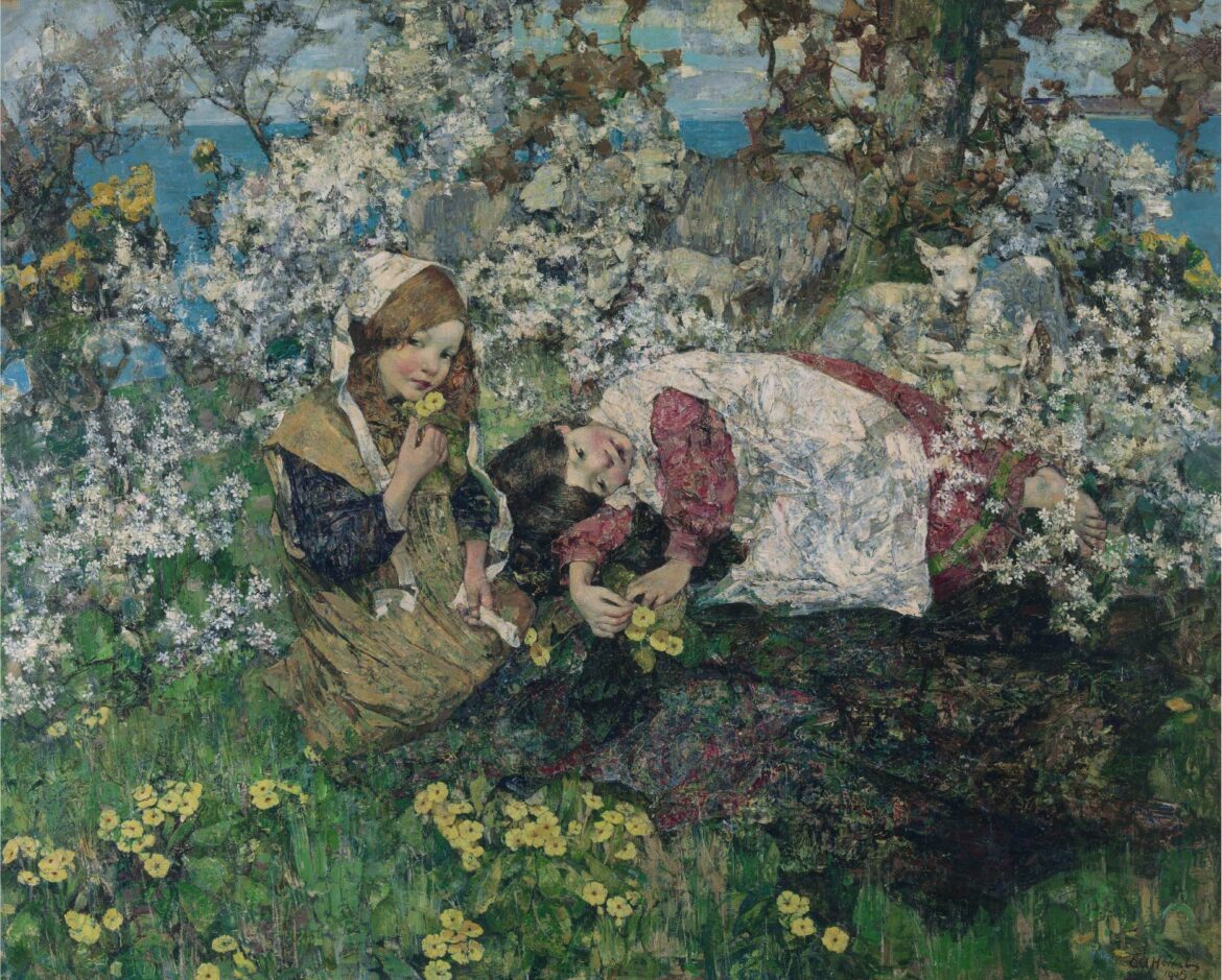 【無料壁紙】エドワード・ホーネル「春の牧歌 (1905)」 / Edward Atkinson Hornel_Idyl in Spring (1905)