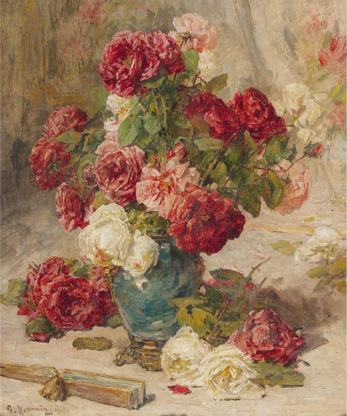 【無料壁紙】ジョルジュ・ジャナン「花瓶の薔薇と扇子の静物画 (1911)」 / Georges Jeannin_A still life with roses in a vase and a fan (1911)