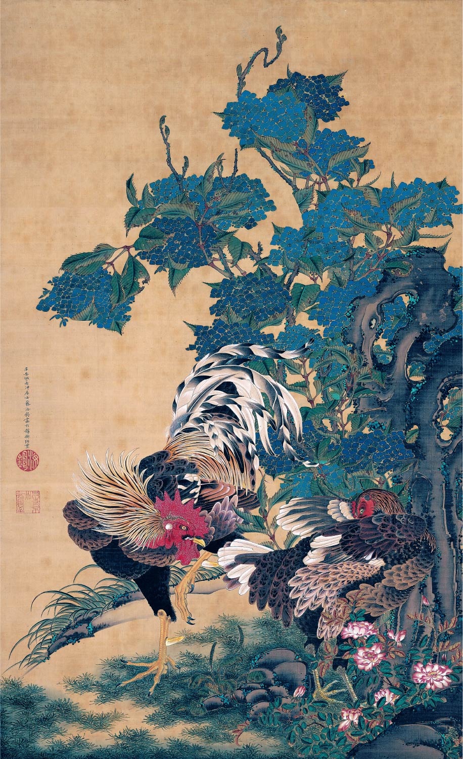【無料壁紙】伊藤 若冲「紫陽花双鶏図 (18世紀)」 / Ito Jakuchu_Ajisai Sokei-zu(Hydrangeas and Pair of Chickens) (1759)