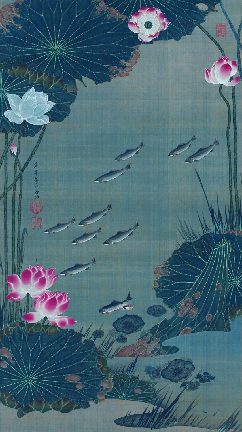 【無料壁紙】伊藤 若冲「蓮池遊漁図 (1761-1765)」 / Ito Jakuchu_Renchi Yuugyo-zu(Fish in a lotus pond) (1761-1765)
