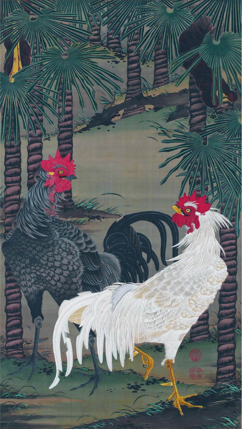【無料壁紙】伊藤 若冲「棕櫚雄鶏図 (1760s)」 / Ito Jakuchu_Shuro Yukei-zu(Palm Trees and Roosters) (1760s)
