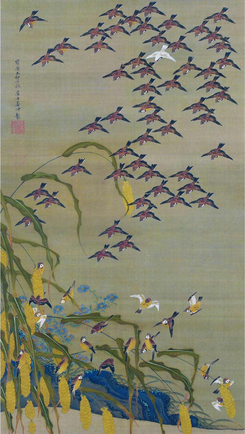 【無料壁紙】伊藤 若冲「秋塘群雀図 (1759)」 / Ito Jakuchu_Shuto Gunjaku-zu(Autumn Millet and Sparrows) (1759)