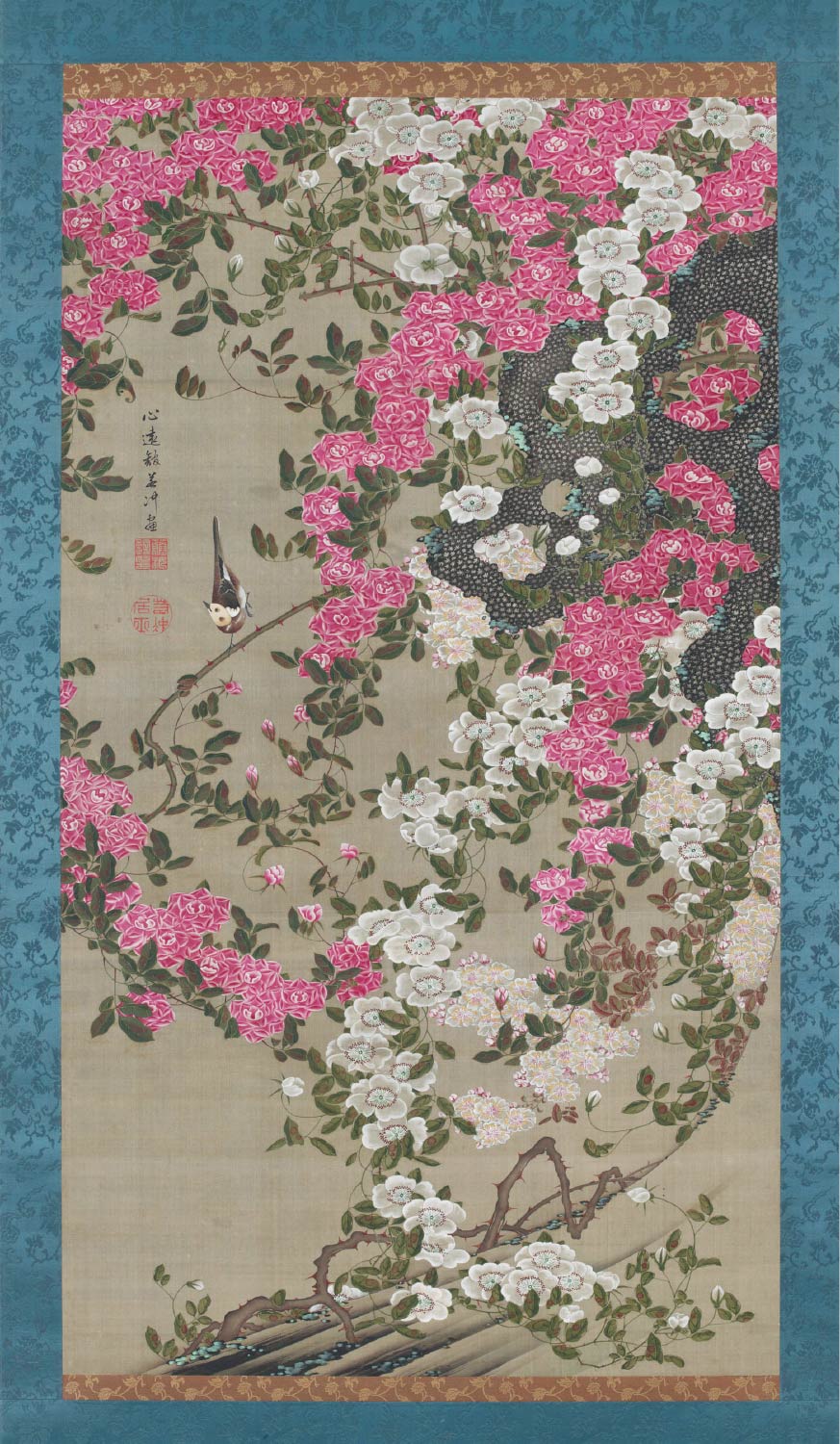 【無料壁紙】伊藤 若冲「薔薇小禽図 (1761-1765)」 / Ito Jakuchu_Bara Shokin-zu (Roses and Small Bird) (1761-1765)