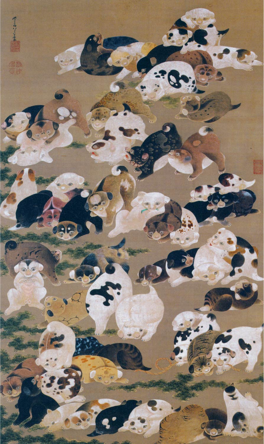 【無料壁紙】伊藤 若冲「百犬図 (1799)」 / Ito Jakuchu_Hyakken-zu (dogs) (1799)