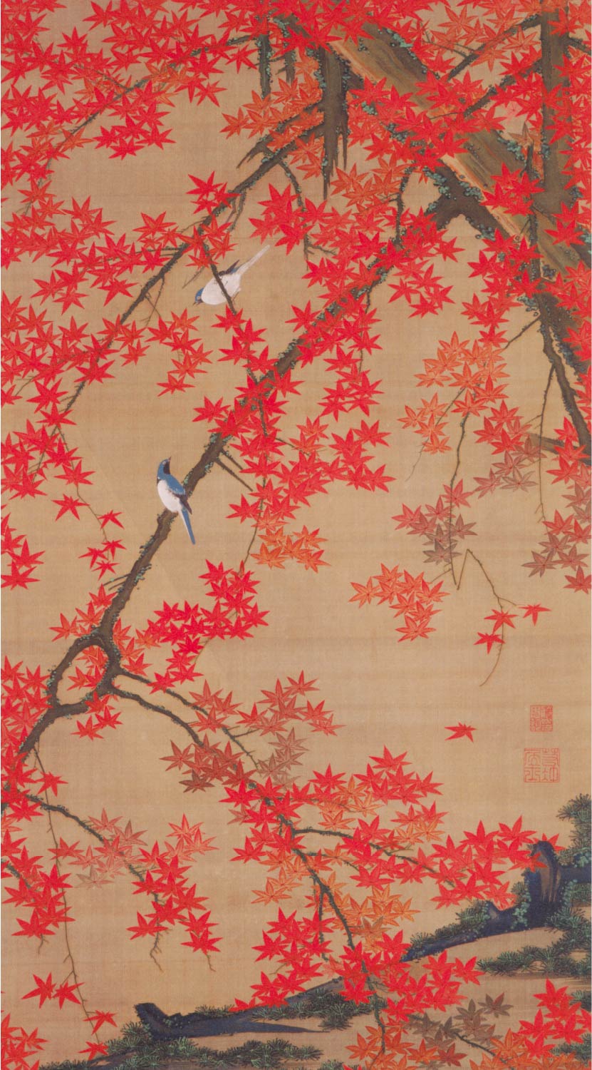 【無料壁紙】伊藤 若冲「紅葉小禽図 (1766頃)」 / Ito Jakuchu_Koyo Shokin-zu (Birds and autumn maples) (ca.1766)
