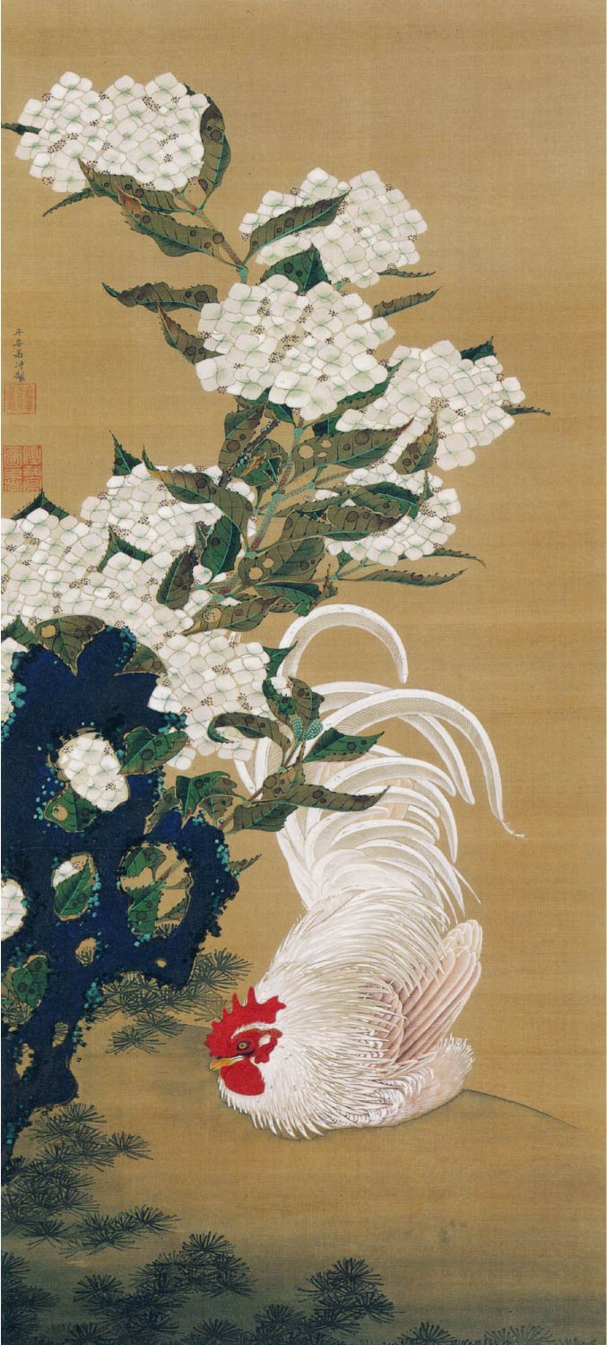【無料壁紙】伊藤 若冲「紫陽花白鶏図 (18世紀)」 / Ito Jakuchu_Ajisai Hakukei-zu (18th century)