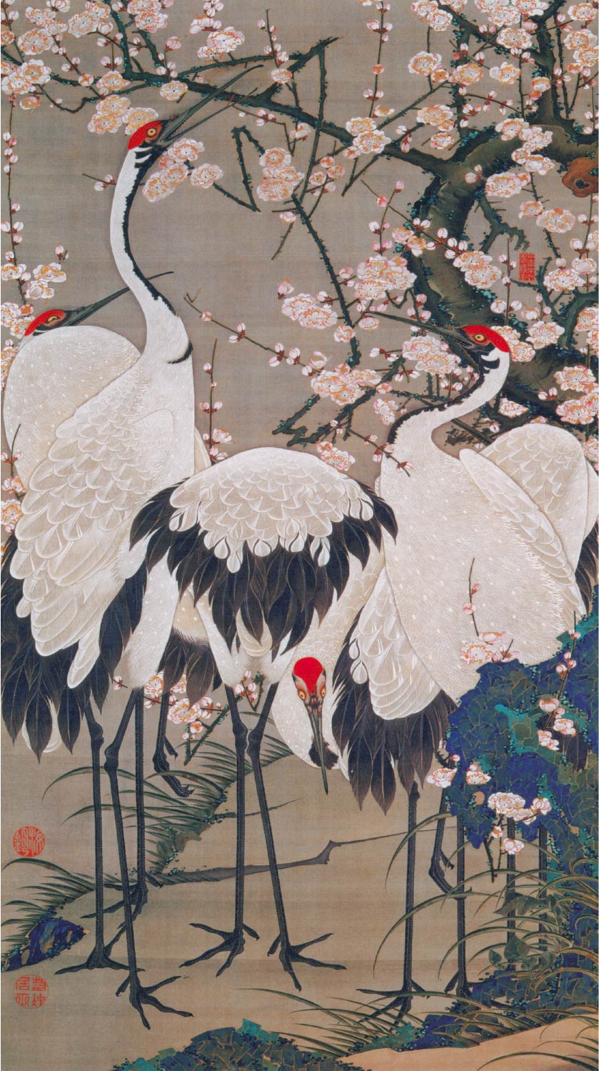 【無料壁紙】伊藤 若冲「梅花群鶴図 (1761-1765)」 / Ito Jakuchu_Baika Gunkaku-zu (Plum Blossoms and Cranes) (1761-1765)