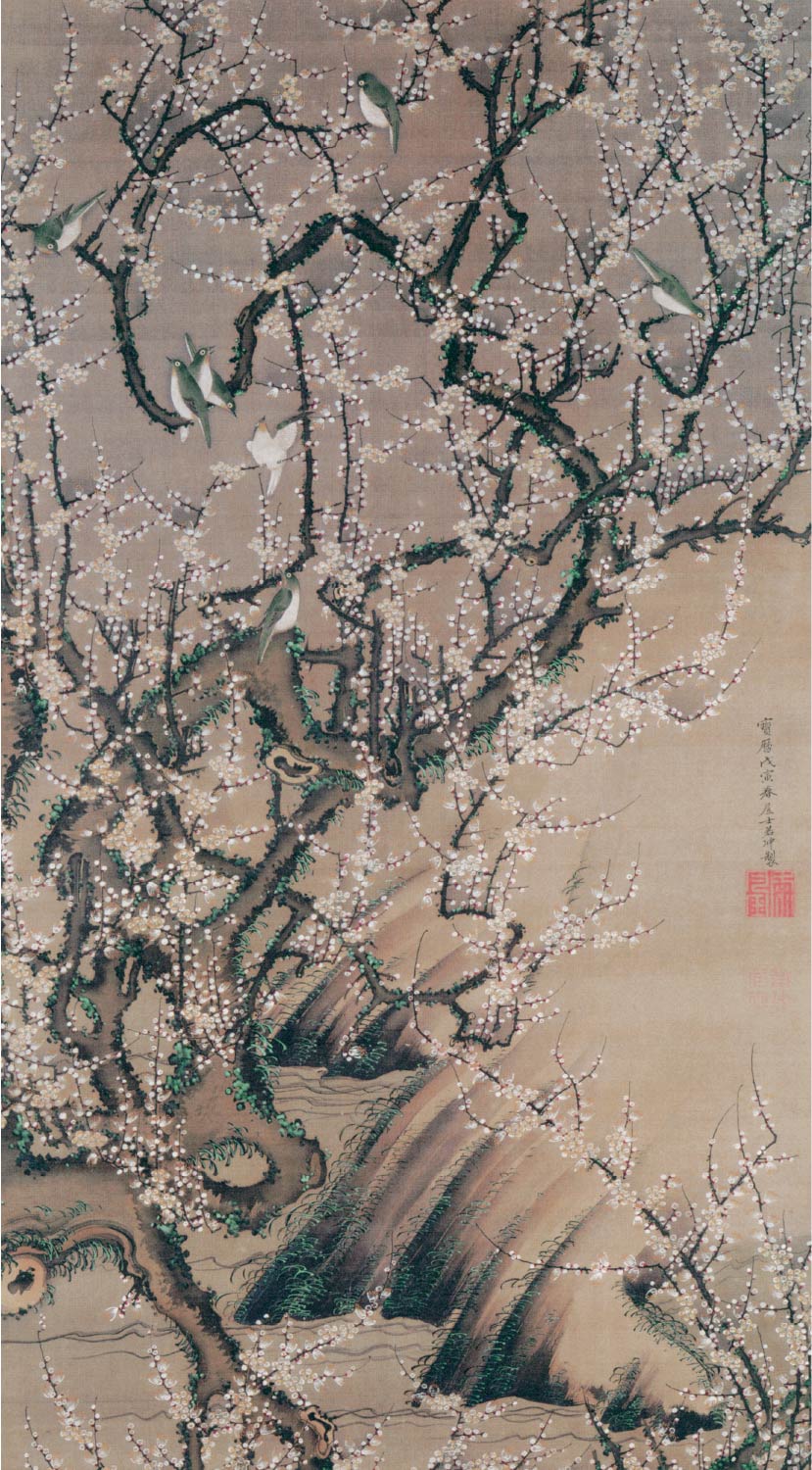 【無料壁紙】伊藤 若冲「梅花小禽図 (1758)」 / Ito Jakuchu_Baika Shokin-zu (Plum Blossoms and Small Birds) (1758)