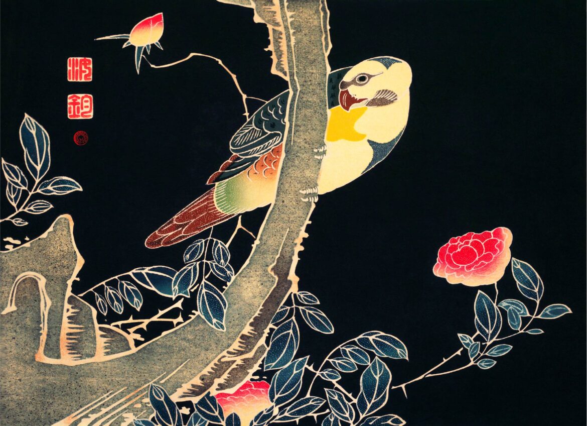 【無料壁紙】伊藤 若冲「薔薇に鸚哥図 (1900頃)」 / Ito Jakuchu_Bara ni Inko-zu (Parrot on the Branch of a Flowering Rose Bush) (ca. 1900)