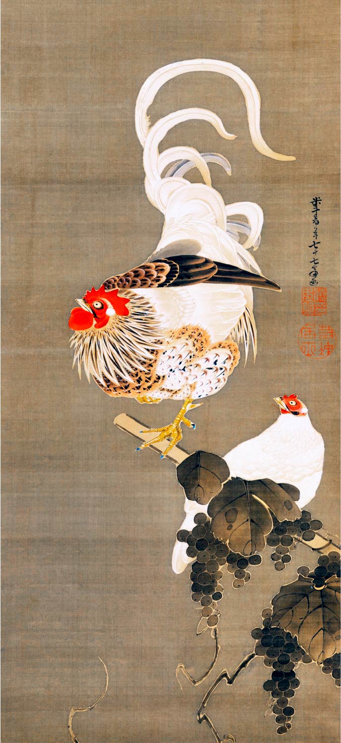 【無料壁紙】伊藤 若冲「葡萄双鶏図 (1792)」 / Ito Jakuchu_Budo Sokei-zu (Hen and Rooster with Grapevine ) (1792)
