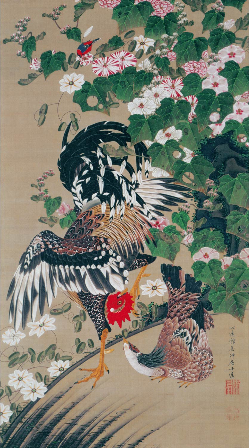 【無料壁紙】伊藤 若冲「芙蓉双鶏図 (18世紀)」 / Ito Jakuchu_Fuyo Sokei-zu (Hibiscus and Pair of Chickens) (18th century)
