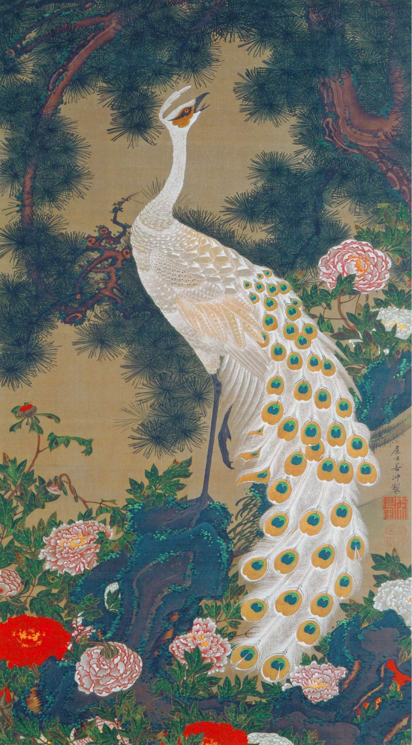 【無料壁紙】伊藤 若冲「老松孔雀図 (1761)」 / Ito Jakuchu_Rosho Kujaku-zu (Old Pine Tree and Peacock) (1761)