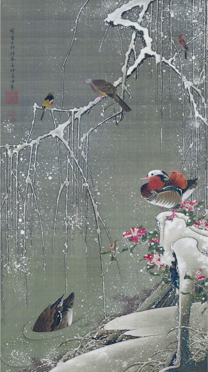 【無料壁紙】伊藤 若冲「雪中鴛鴦図 (1759)」 / Ito Jakuchu_Setchu En-o-zu (Mandarin Ducks in Snow) (1759)