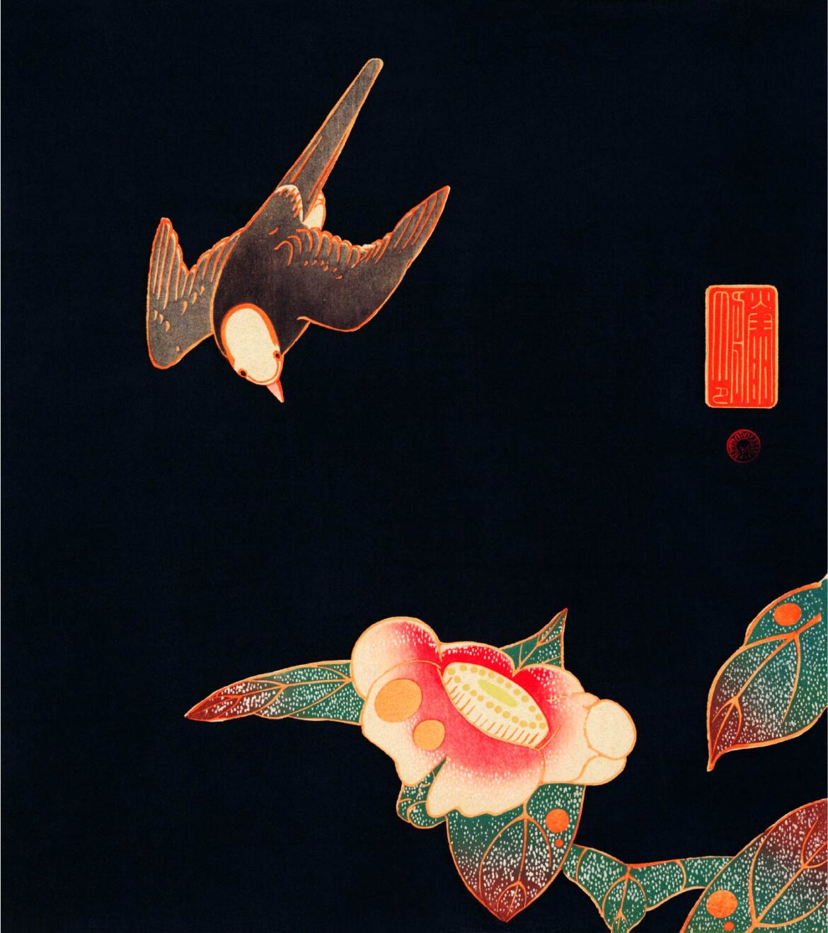 【無料壁紙】伊藤 若冲「燕と椿 (1900頃)」 / Ito Jakuchu_Swallow and Camellia (ca. 1900)