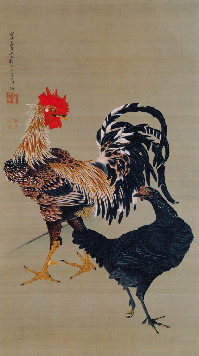 【無料壁紙】伊藤 若冲「大鶏雌雄図 (1759)」 / Ito Jakuchu_Taikei Siyu-zu (Rooster and Hen) (1759)